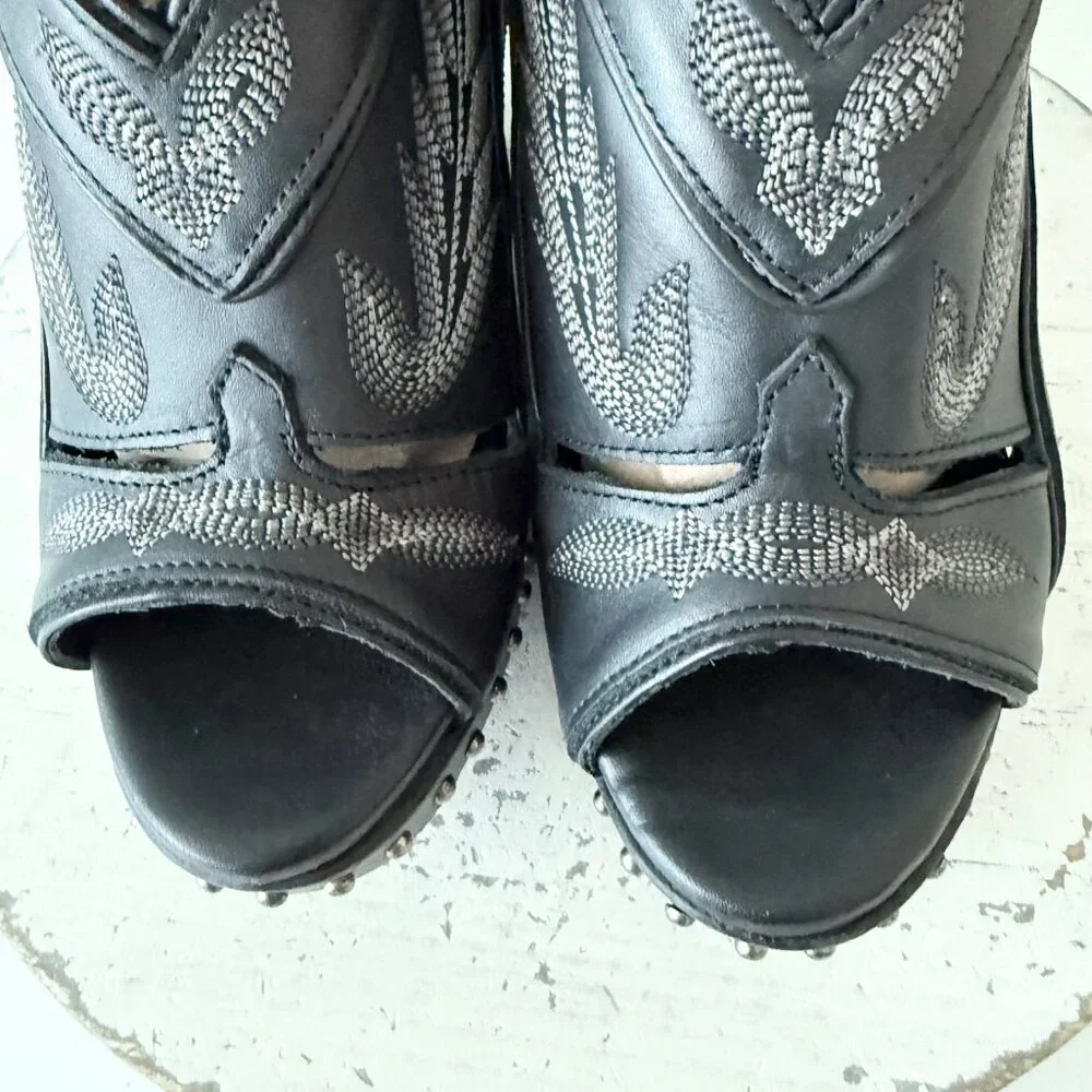 Lane Lexington Jet Black Leather Western Wedge Sandals Wood Heel Womens 7 - Picture 6 of 11